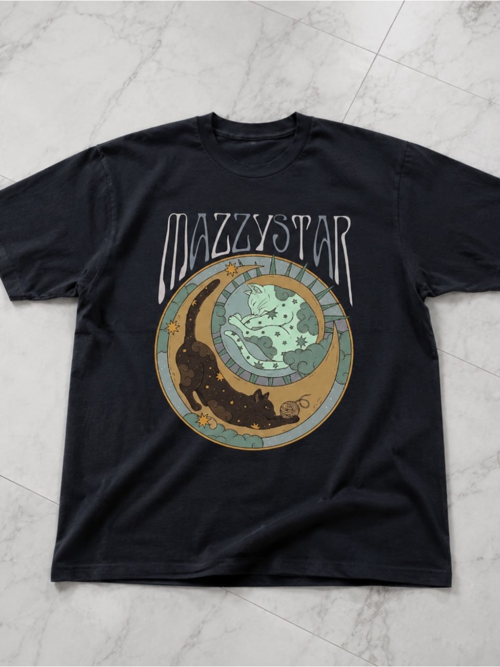 Mazzy Star Moon & Cat Print Graphic Tee Black